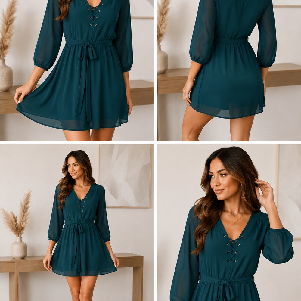 Iz Byer Teal Lace-Up V-Neck Belted Mini Dress